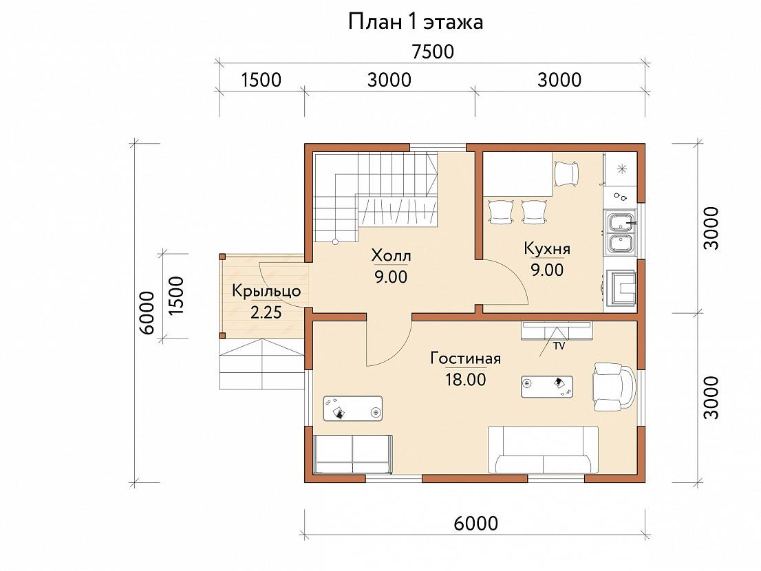 Проект дома из бруса 6х6 в полтора этажа «Практичный» - описание с ценами,  фото и планировками